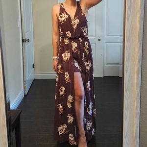 Xhilaration Floral Romper with Maxi Skirt/Cape Sleeveless Maroon